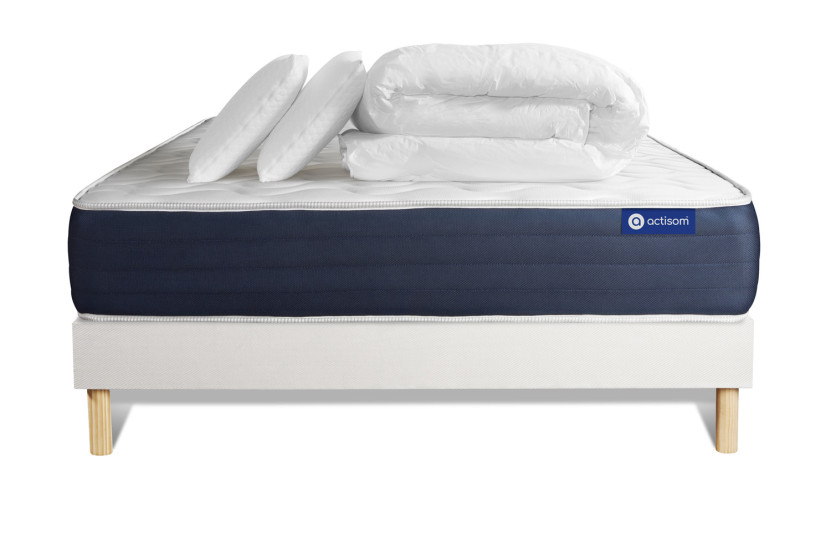 Pack lit complet 160x200 cm - Matelas + Sommier Blanc (en kit) + 2 oreillers + Couette - Actilatex Sleep