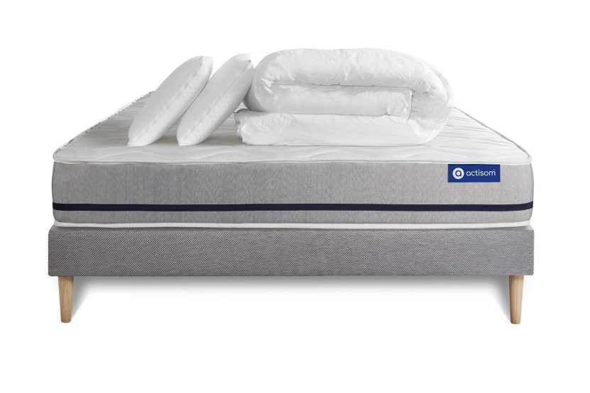 Pack lit complet 140x190 cm - Matelas + Sommier Gris (en kit) + 2 oreillers + Couette - Actimemo Soft