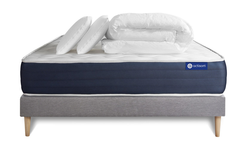 Pack lit complet 200x200 cm - Matelas + Sommier Gris (en kit) + 2 oreillers + Couette - Actimemo Sleep
