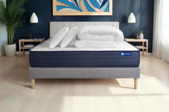 Pack lit complet 140x190 cm - Matelas + Sommier Gris (en kit) + 2 oreillers + Couette - Actiflex Life