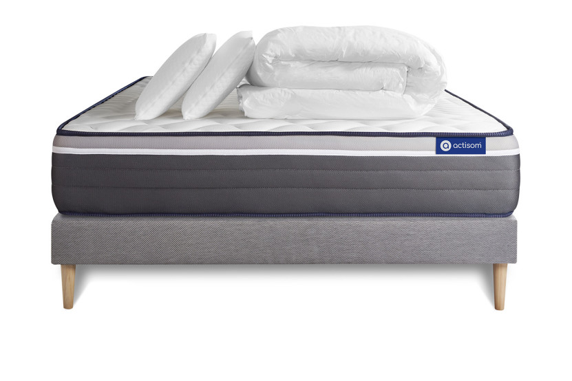Pack lit complet 180x200 cm - Matelas + Sommier Gris (en kit) + 2 oreillers + Couette - Actiflex Plus
