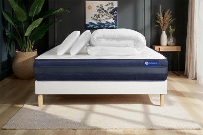 Pack lit complet 160x200 cm - Matelas + Sommier Blanc (en kit) + 2 oreillers + Couette - Actilatex Tech