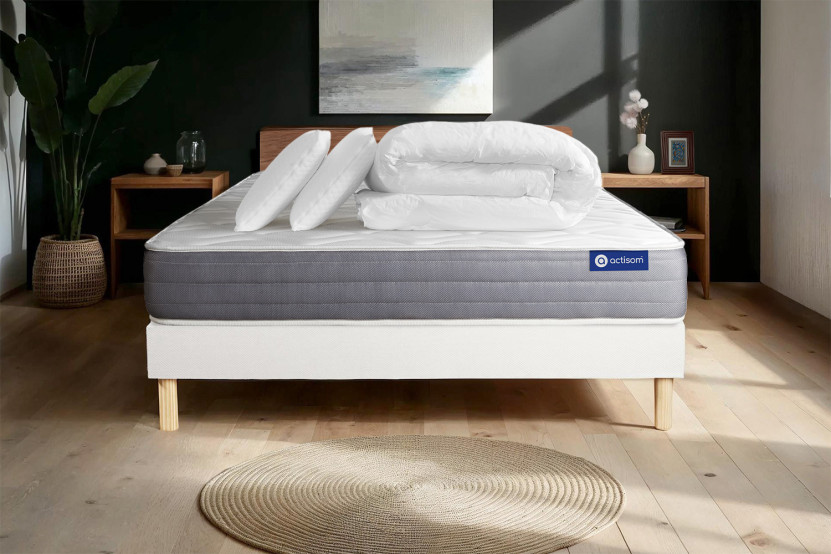 Pack lit complet 140x200 cm - Matelas + Sommier Blanc (en kit) + 2 oreillers + Couette - Actiflex Dream